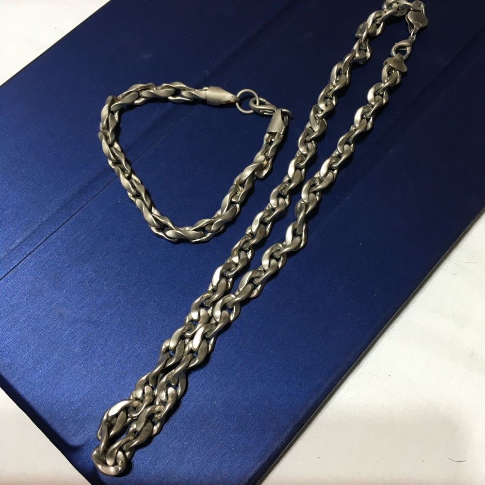 Brushed Silver Tone Chain Link Necklace Stainless Steel and Matching Bracelet